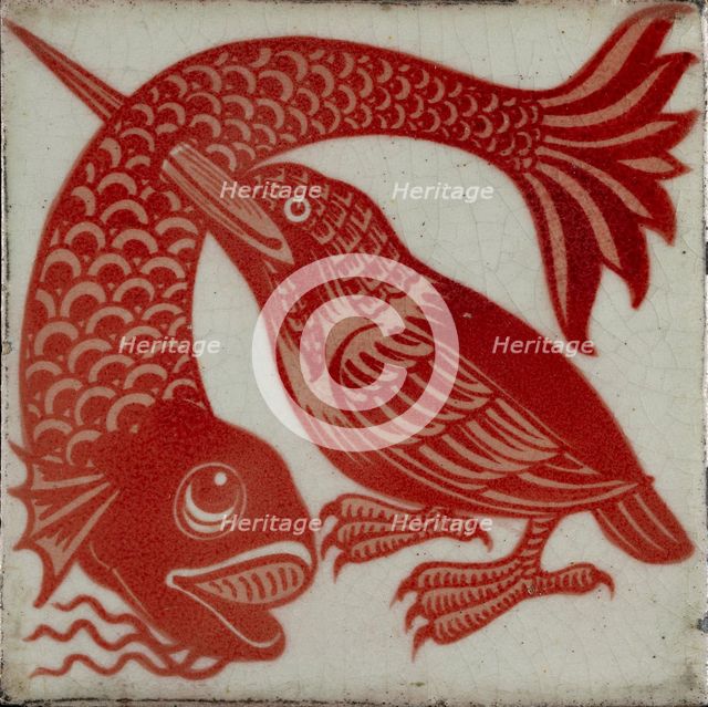 Tile with kingfisher with beak through fish, 1882-1888. Artist: William Frend De Morgan.