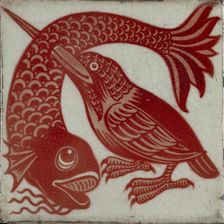 Tile with kingfisher with beak through fish, 1882-1888. Artist: William Frend De Morgan