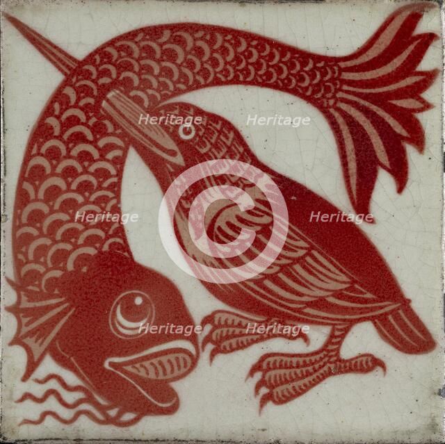 Tile with kingfisher with beak through fish, 1882-1888. Artist: William Frend De Morgan.