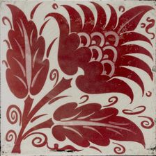 Tile with stylised flower with two leaves and tendrils, 1882-1888. Artist: William Frend De Morgan