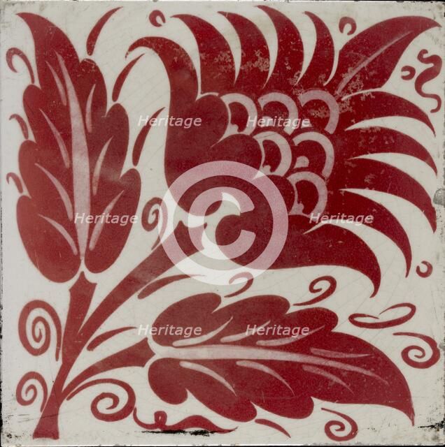 Tile with stylised flower with two leaves and tendrils, 1882-1888. Artist: William Frend De Morgan.