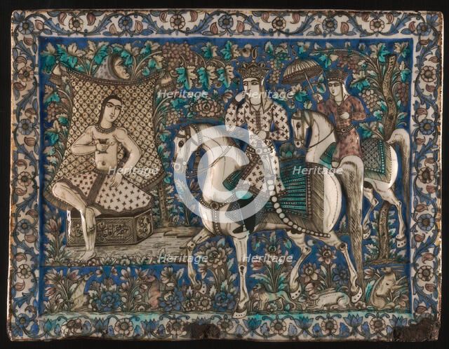 Tile depicting Khusrau Happening upon Shirin Bathing, Qajar dynasty, late 19th century. Creator: Unknown.