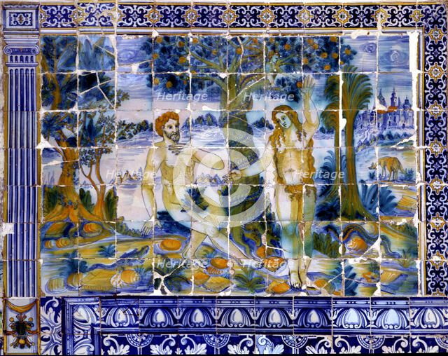 Tile panel with Adam and Eve in the paradise.