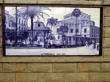 Tile panel representing the old train the Panderola that crossed the city of Castellón until 19…