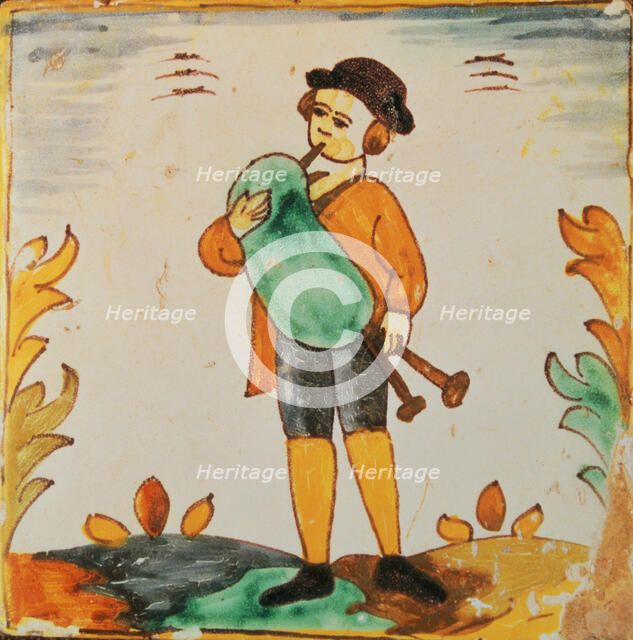 Tiles of the Palmita series. Musician playing the bagpipe (rustic).