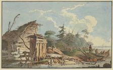 Timber cabins on the wooded seashore, a boat with a family on the right, late 18th century. Creator: Marquand Fidel Dominikus Wocher