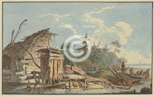 Timber cabins on the wooded seashore, a boat with a family on the right, late 18th century. Creator: Marquand Fidel Dominikus Wocher.