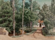 Timber framed building surrounded by deciduous forest, 1856. Creator: Werner Holmberg