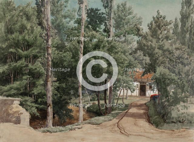 Timber framed building surrounded by deciduous forest, 1856. Creator: Werner Holmberg.