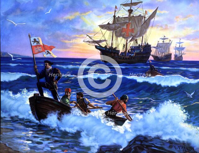 Time of arrival and landing of Columbus to the island of San Salvador in 1492, colored engraving.