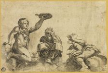 Time Seated on Clouds, Flanked by Two Other Angels, n.d. Creator: Giulio Romano