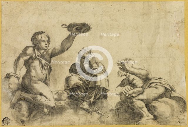 Time Seated on Clouds, Flanked by Two Other Angels, n.d. Creator: Giulio Romano.