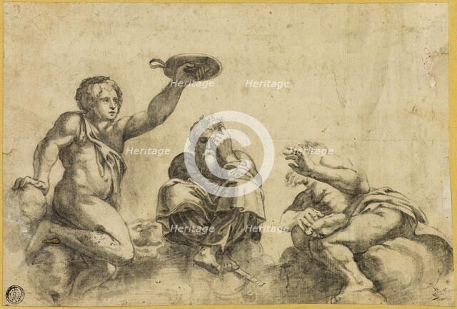 Time Seated on Clouds, Flanked by Two Other Angels, n.d. Creator: Giulio Romano.