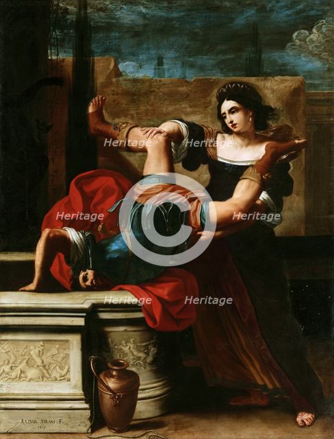Timoclea Throwing the Captain of Alexander the Great into the Well, 1659. Creator: Sirani, Elisabetta (1638-1665).