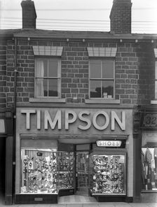 Timpson's shoe shop window, Mexborough, South Yorkshire, 1956. Creator: Michael Walters