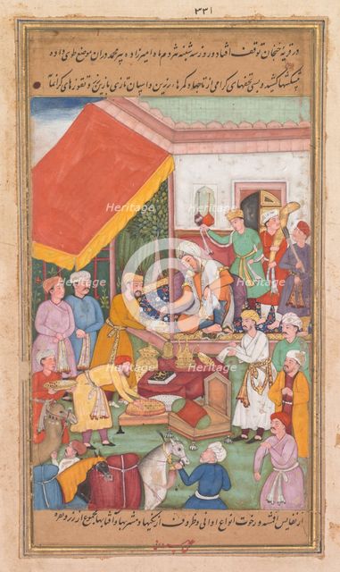 Timur distributes gifts from his grandson, the Prince of Multan, from a Zafar-nama..., 1598-1600. Creator: Shravana (Indian).