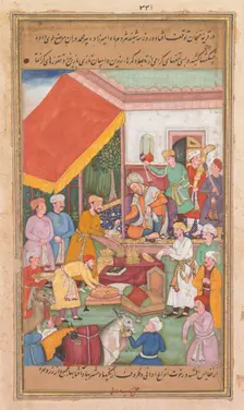 Timur distributes gifts from his grandson, the Prince of Multan, from a Zafar-nama..., 1598-1600. Creator: Shravana (Indian)