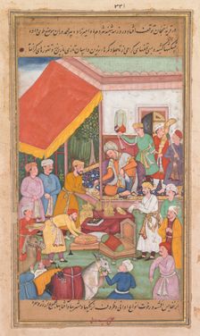 Timur distributes gifts from his grandson, the Prince of Multan, from a Zafar-nama..., 1598-1600. Creator: Shravana (Indian)