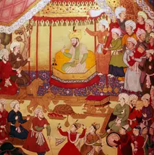 Timur enthroned during celebrations, Mughal manuscript, 1600-1601