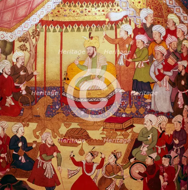 Timur enthroned during celebrations, Mughal manuscript, 1600-1601. Artist: Unknown.