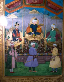 Timur hands his crown to Babur Mughal, c1630