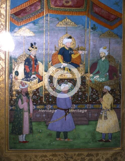 Timur hands his crown to Babur Mughal, c1630. Artist: Unknown.