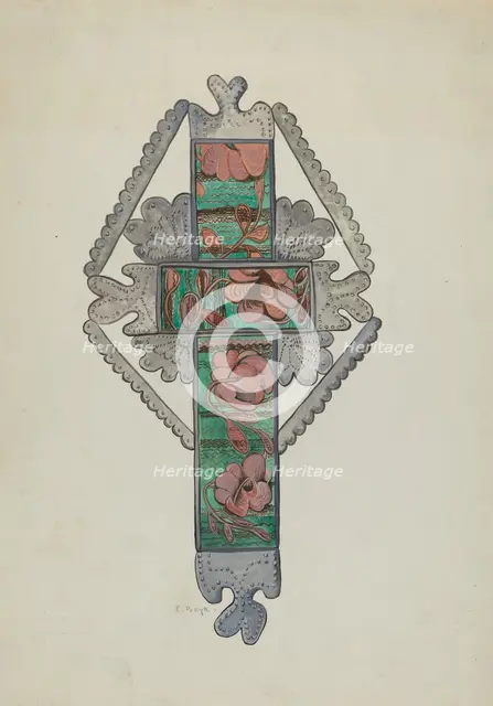 Tin and Painted Glass Cross, Church or Home Use, c. 1936. Creator: E. Boyd.