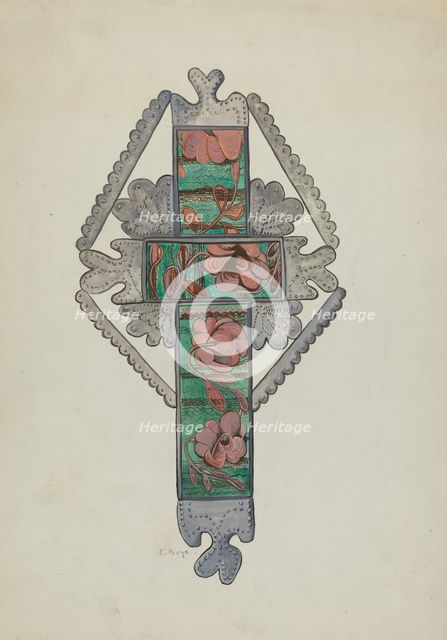 Tin and Painted Glass Cross, Church or Home Use, c. 1936. Creator: E. Boyd.