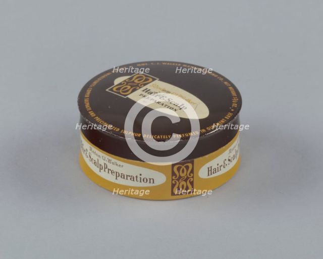 Tin for Madame C.J. Walker's Hair and Scalp Preparation, 1940s - 1960s. Creator: Madam C.J. Walker Manufacturing Company.