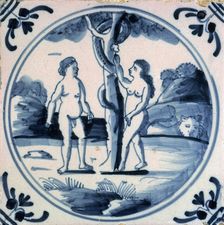 Tin glazed tile of Adam and Eve
