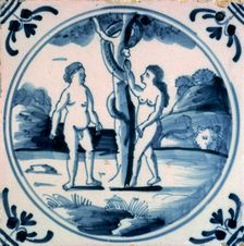 Tin glazed tile of Adam and Eve. Creator: Unknown