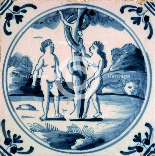Tin glazed tile of Adam and Eve. Creator: Unknown.