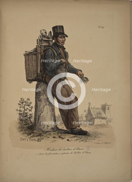 Tin spoons seller. From the Series "Cris de Paris" (The Cries of Paris), 1815. Creator: Vernet, Carle (1758-1836).