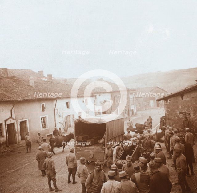Truck and heavy artillery, Genicourt, northern France, c1914-c1918. Artist: Unknown.