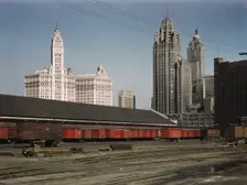 Trucks unloading at the inbound freight house of the Illinois Central Railroad...Chicago, Ill., 1943 Creator: Jack Delano