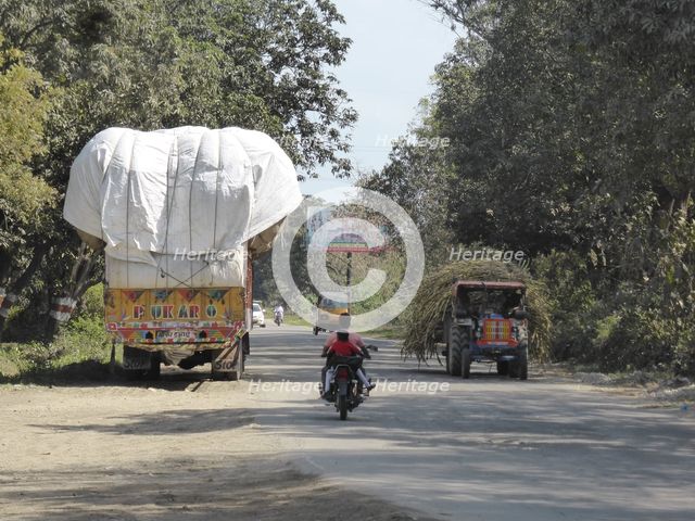 Trucks with heavy loads of sugar cane, Uttarakhand, India. Creator: Unknown.