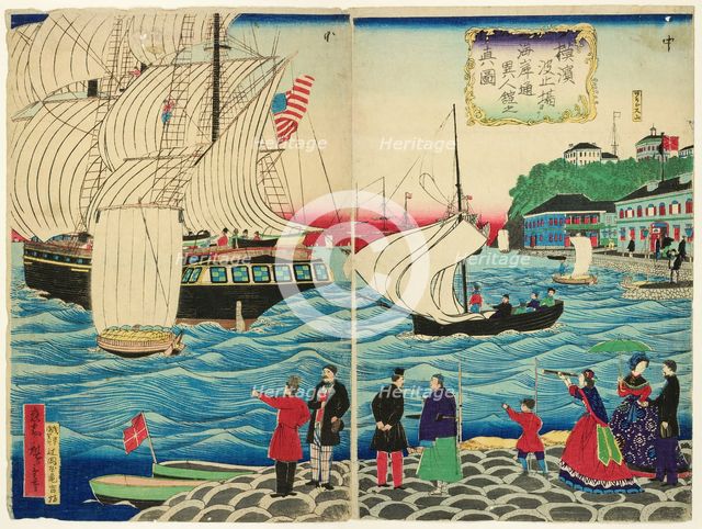 True View of the Foreign Buildings along the Waterfront Seen from the Yokohama Wharves..., c. 1875. Creator: Utagawa Hiroshige II.