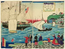 True View of the Foreign Buildings along the Waterfront Seen from the Yokohama Wharves..., c. 1875. Creator: Utagawa Hiroshige II