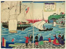 True View of the Foreign Buildings along the Waterfront Seen from the Yokohama Wharves..., c. 1875. Creator: Utagawa Hiroshige II