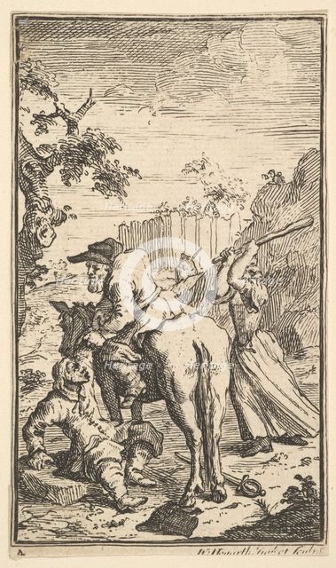 Trulla Attacking Hudibras (Seventeen Small Illustrations for Samuel Butler's Hudibras..., 1721-26. Creator: William Hogarth.