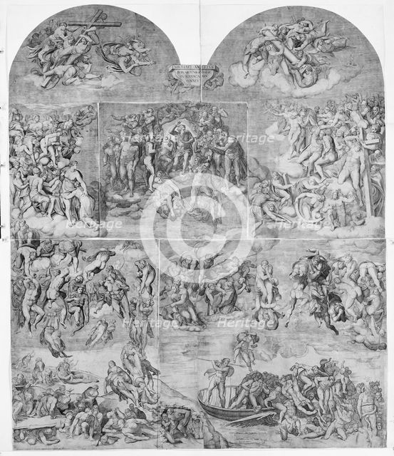 Trumpeting Angels and Damned Souls Being Pulled Down by Devils (lower center and right sec..., 1548. Creator: Niccolo della Casa.