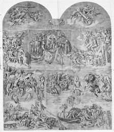 Trumpeting Angels and Damned Souls Being Pulled Down by Devils (lower center and right sec..., 1548. Creator: Niccolo della Casa