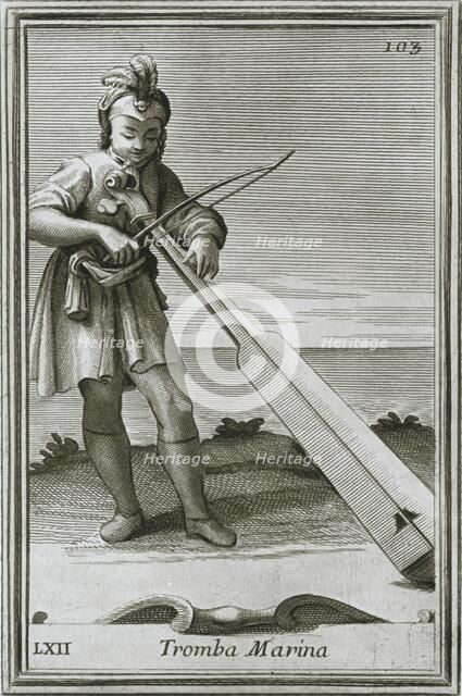 'Trumscheit (tromba marina); engraving from F. Bonanni's book Cabinetto armonico, Rome, 1722', 1948. Artist: Unknown.