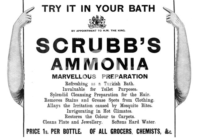 Try it in your bath: Scrubb's Ammonia - marvellous preparation, 1909. Creator: Unknown.