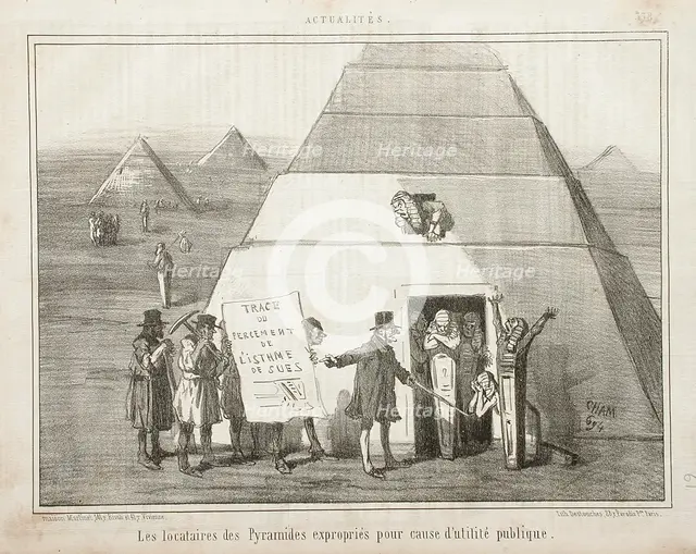 Trace du percement de l'Isthme de Suez: -Les locataires des pyramides expropriés..., 1856. Creator: Cham.