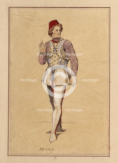 Tracing of a man in medieval Italian military dress, pre-1849.  Creator: John Everett Millais.