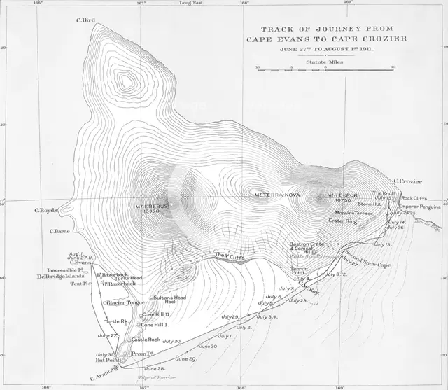 'Track of Journey from Cape Evans to Cape Crozier - June 27th to August 1st 1911', (1913). Artist: Unknown.