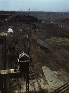 Track repair work at the Bensenville yard of the Chicago, Milwaukee..., Illinois, 1943. Creator: Jack Delano
