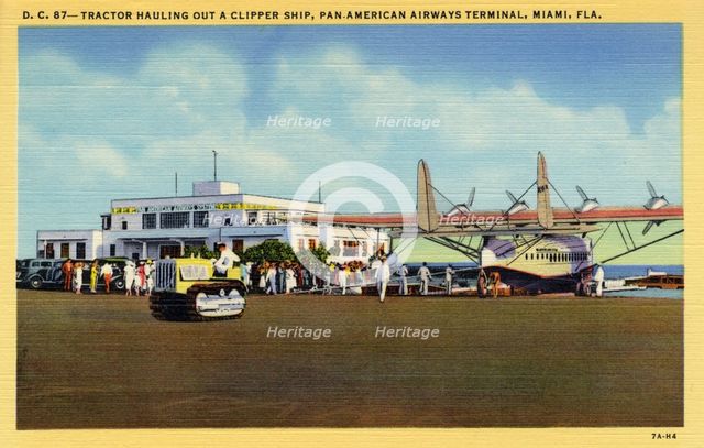 Tractor hauling out a flying boat, Pan-American Airways terminal, Miami, Florida, USA, 1937. Artist: Unknown