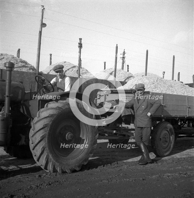 Tractors and loaded trailers at the sugar mill in Arlöv, Scania, Sweden, c1940s(?). Artist: Otto Ohm
